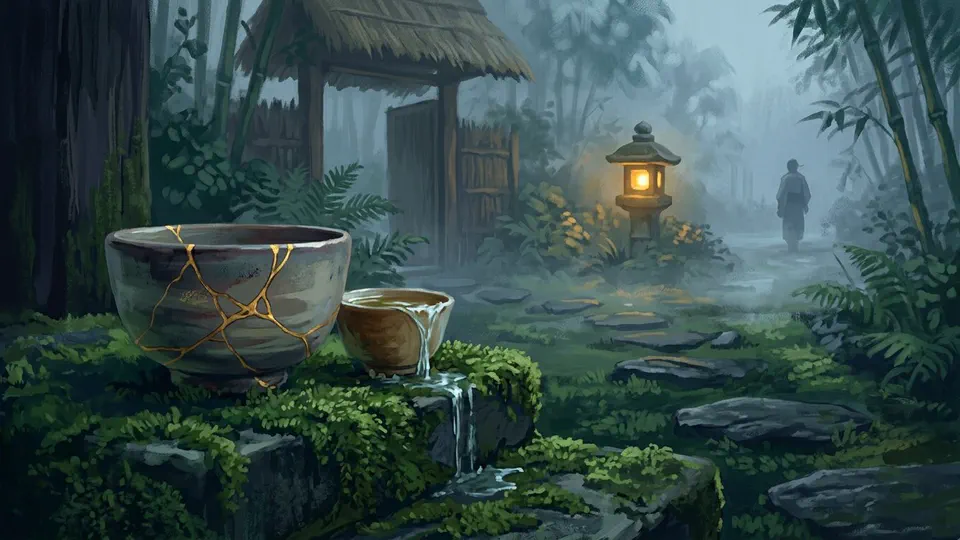 Illustration for The Mended Bowl in the Dewy Garden