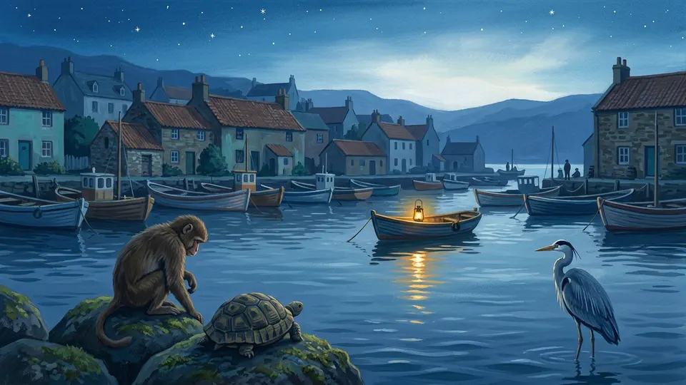 Illustration for The Monkey, the Tortoise, and the Heron at Dawn Illustration for The Monkey, the Tortoise, and the Heron at Dawn