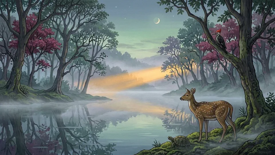 Illustration for The Woodpecker, the Tortoise, and the Deer
